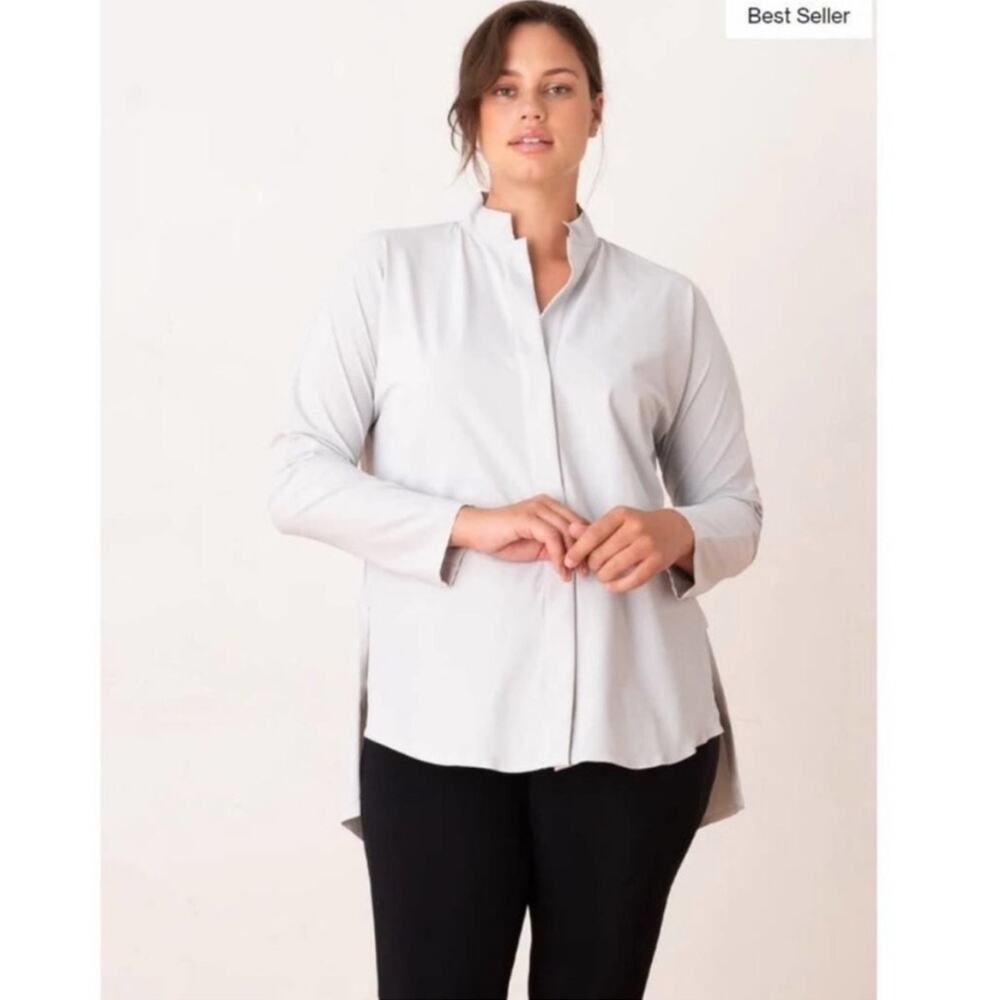 ADAY Something Borrowed grey blouse tailored work office top button front XL